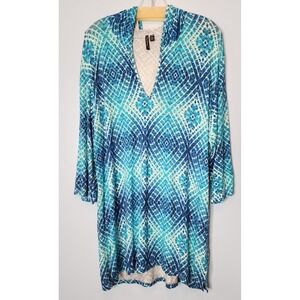 Portocruz Hooded Swim Tunic Cover Up Women L Blue Ikat Geometric 3/4 Sleeve
